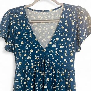 Teal Floral V-Neck Short Sleeve Dress